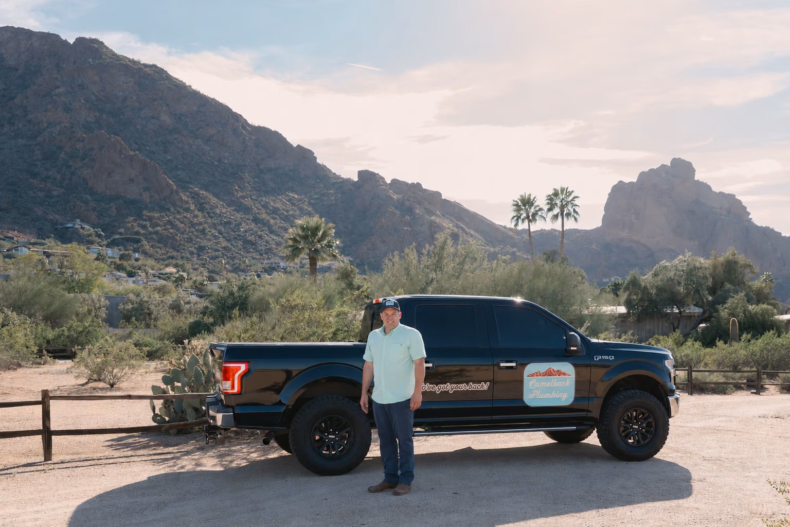 Gabe Sandersius and the Camelback Plumbing truck in the Phoenix desert